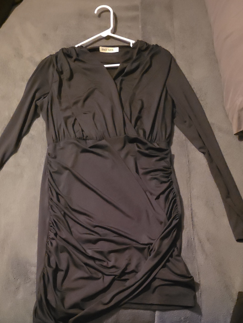 Grace Karin Black Long-Sleeve Faux-Wrap Ruched Dress